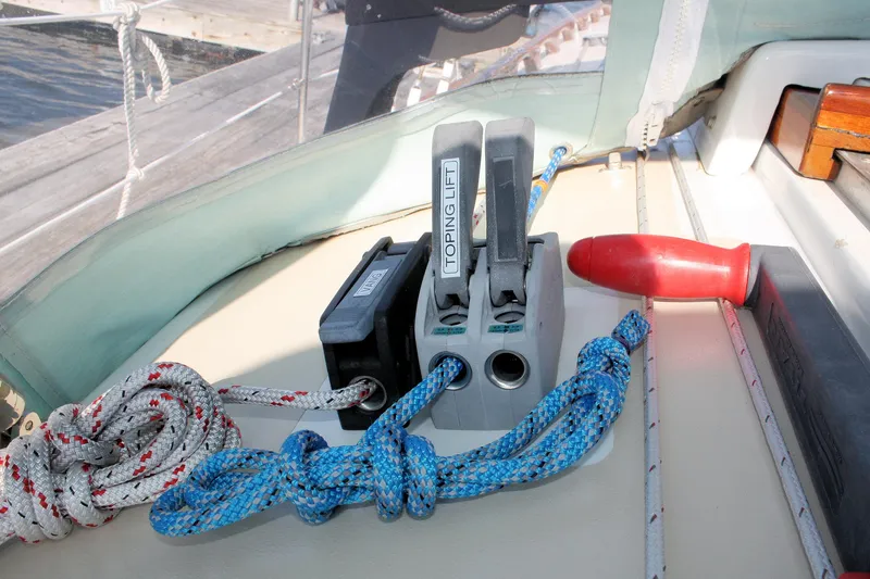 Slide: The Image of Sailing equipment on 1987 Morris Linda yacht deck with ropes and cleats. - 18