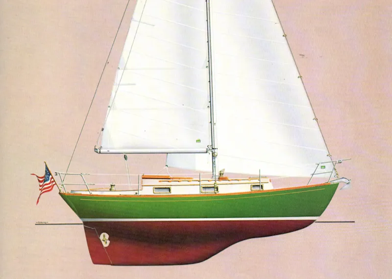 Slide: The Image of 1987 Morris Linda sailboat with green hull and white sails, side view. - 51