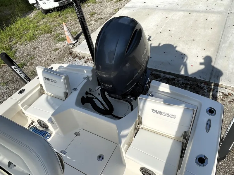 Slide: The Image of Pathfinder 2005 TRS boat with Yamaha outboard motor, viewed from above, parked on concrete. - 44