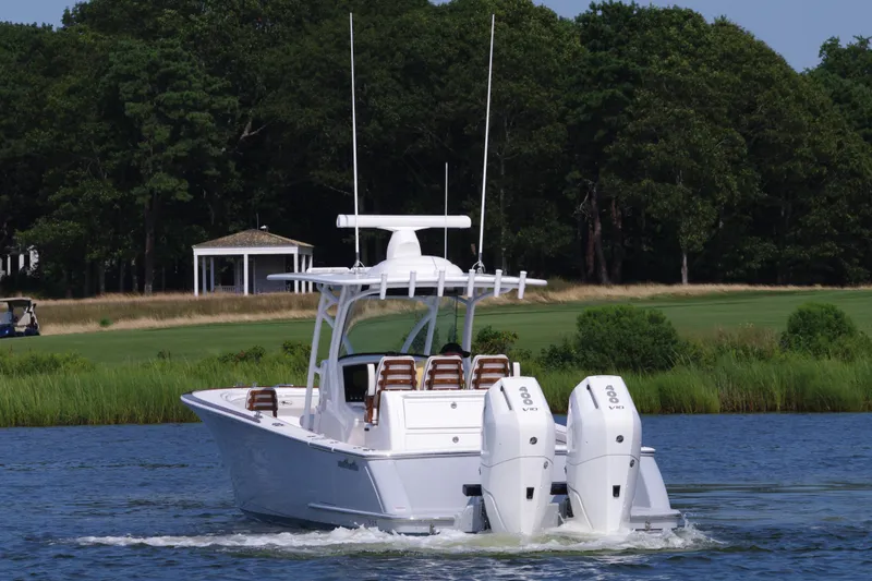 Slide: The Image of 2025 Valhalla Boatworks V-33 cruising on a serene lake with lush greenery. - 8