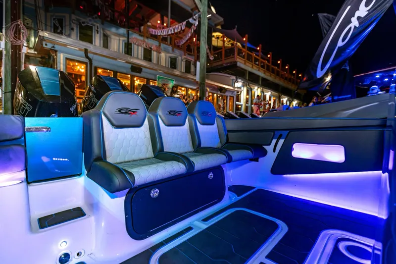 Slide: The Image of 2024 Glasstream GSX 36 boat interior with illuminated seating and modern design. - 10