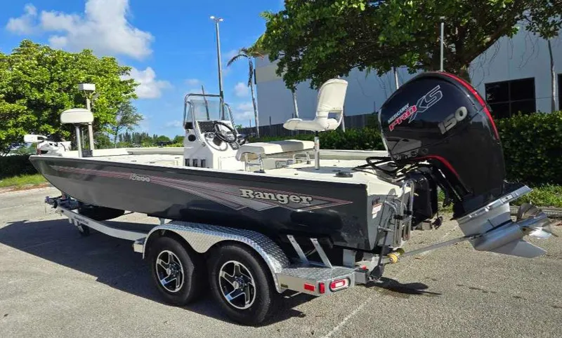 Slide: The Image of 2024 Ranger RB200 boat with trailer and outboard motor in sunny outdoor setting. - 4