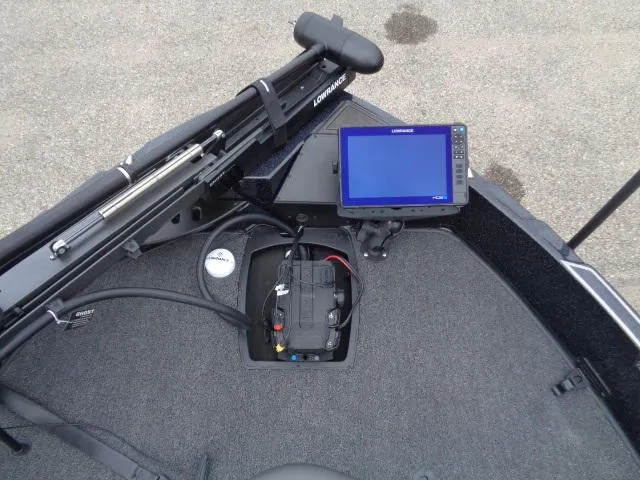 Slide: The Image of 2024 Nitro ZV21 Pro boat deck with Minn Kota trolling motor and Lowrance fishfinder. - 8