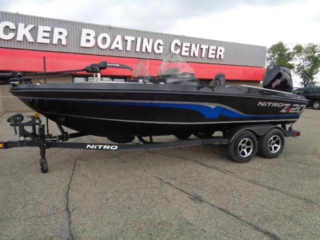 Slide: The Image of 2024 Nitro ZV20 boat on trailer in snowy outdoor setting. - 1