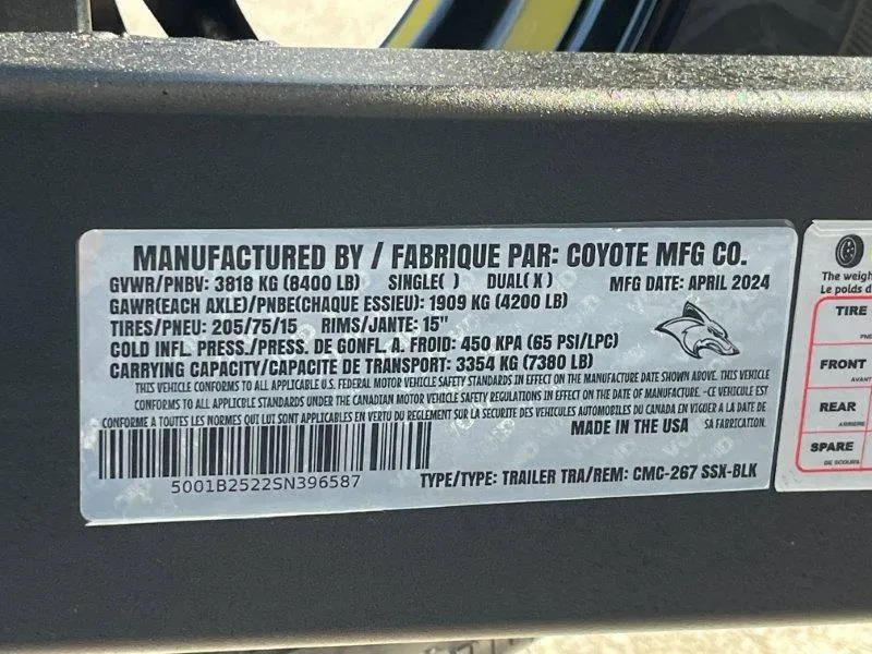 Slide: The Image of Label on 2024 Chaparral 267 SSX trailer, manufactured by Coyote MFG Co., April 2024. - 7