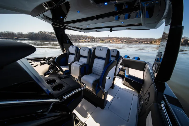 Slide: The Image of Interior of 2025 Cigarette 42 Auroris boat with luxurious seating and modern design. - 21