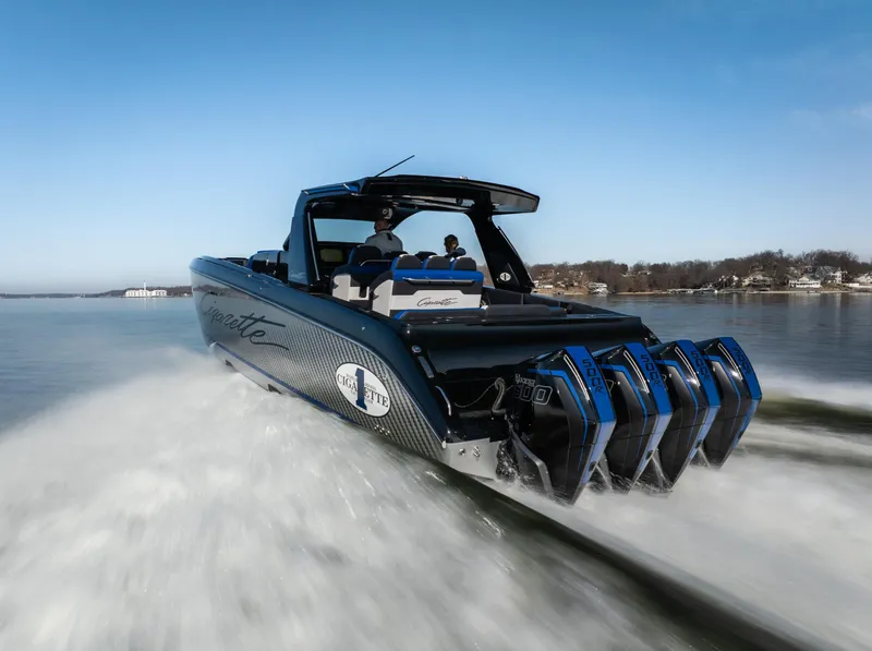 Slide: The Image of 2025 Cigarette 42 Auroris speedboat with four engines cruising on water. - 34