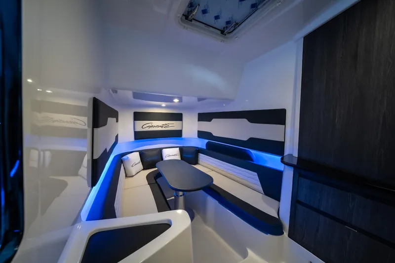 Slide: The Image of Interior of 2025 Cigarette 42 Auroris boat with modern seating and ambient lighting. - 37