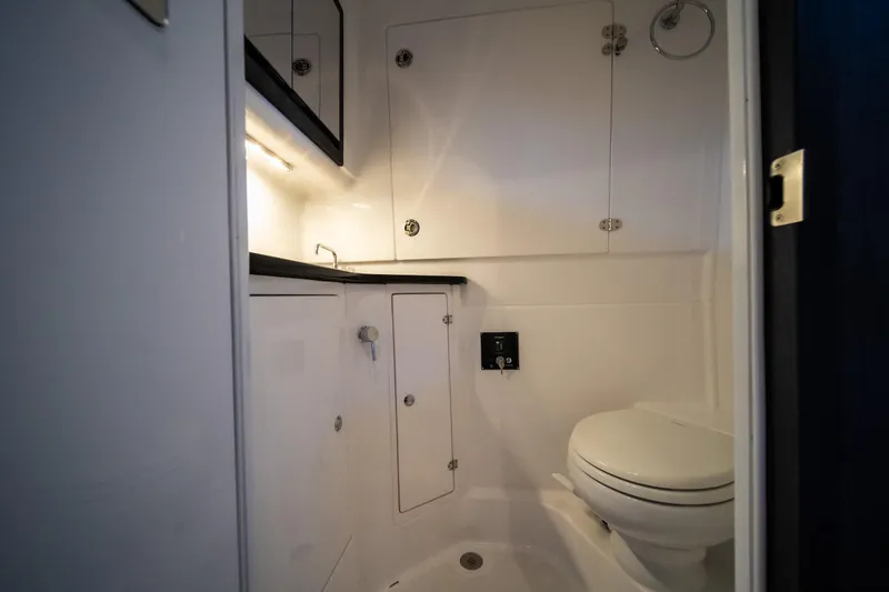 Slide: The Image of 2025 Cigarette 42 Auroris boat bathroom interior with modern fixtures and sleek design. - 39