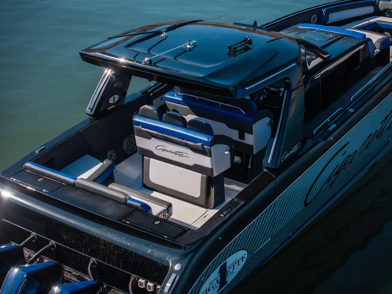 Slide: The Image of 2025 Cigarette 42 Auroris luxury speedboat with sleek design and modern seating. - 6