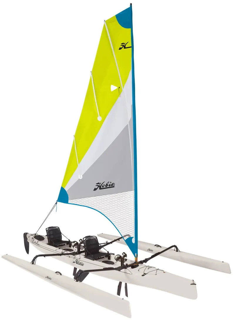 Slide: The Image of 2025 Hobie Tandem Island sailboat with vibrant sail and dual seats. - 1