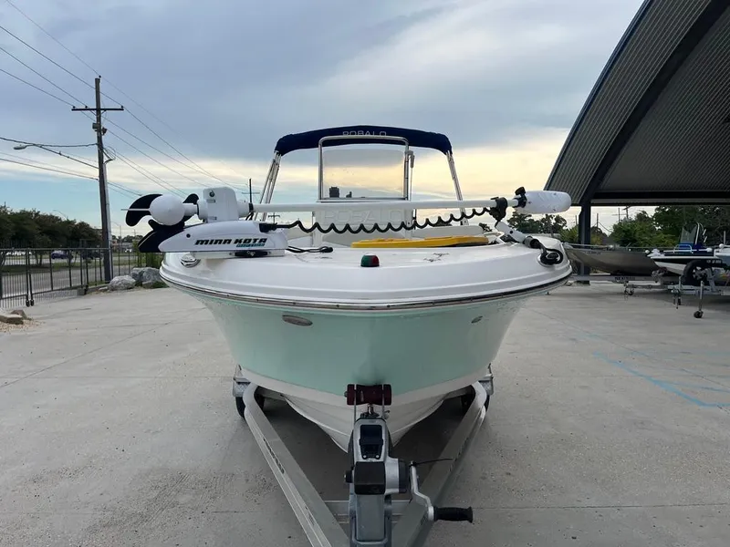 Slide: The Image of 2016 Robalo R200 Center Console boat on trailer, front view. - 3