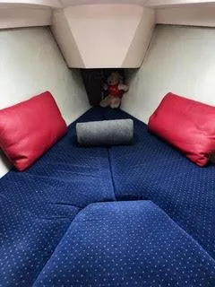 Slide: The Image of Cozy cabin interior of 1984 Hunter 31 sailboat with blue bedding and red cushions. - 14