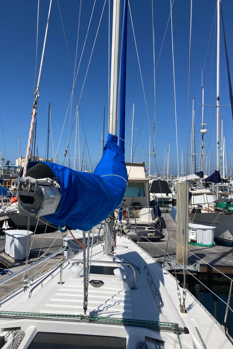 Slide: The Image of 1984 Hunter 31 sailboat docked at marina with blue sail cover. - 37