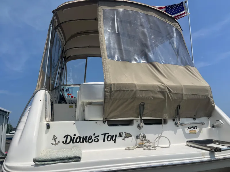 Slide: The Image of 1995 Sea Ray 250 Sundancer boat named "Diane's Toy" with American flag. - 26