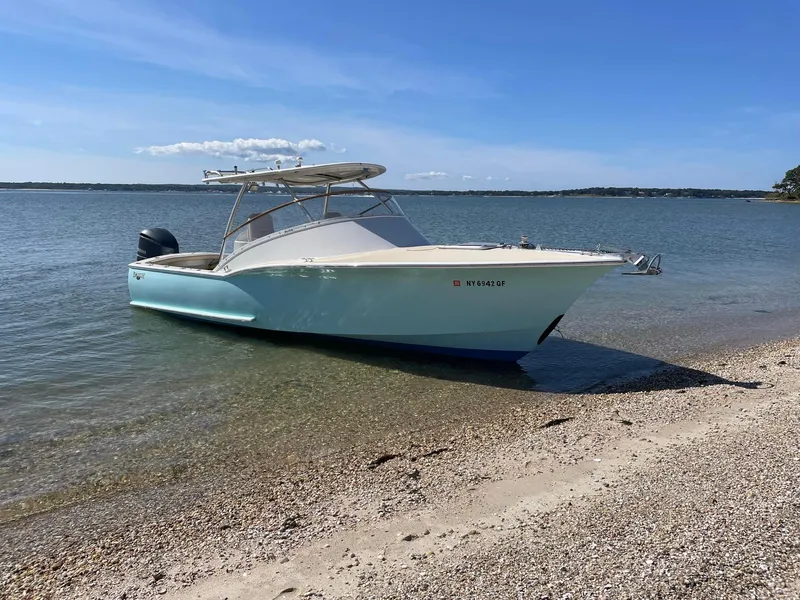 The Image of 2011 Custom Carolina Express boat on a sandy beach with clear blue water. - 1