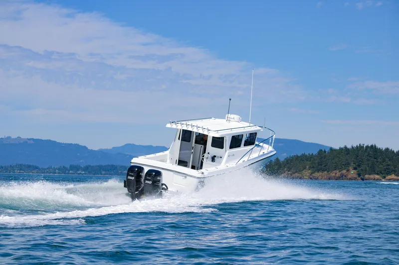 Slide: The Image of Ocean Sport 30 Roamer 2022 cruising on open water with scenic island backdrop. - 1
