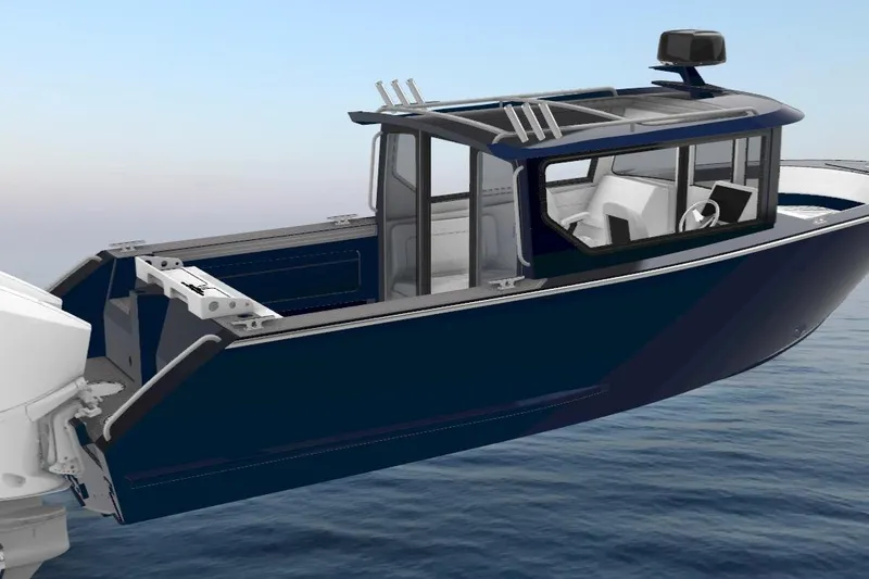 Slide: The Image of 2026 Jasper Marine Defender 22 boat on water, showcasing sleek design and modern features. - 2