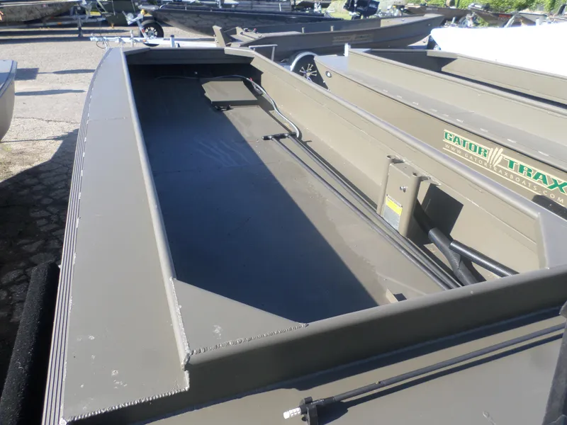 Slide: The Image of 2024 Gator Trax 16' Marsh Series boat, olive green, empty interior view. - 5