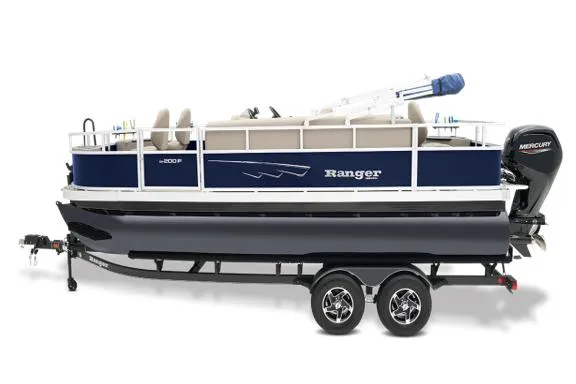 Slide: The Image of 2024 Ranger Reata 200F pontoon boat on trailer, parked outdoors under blue sky. - 2