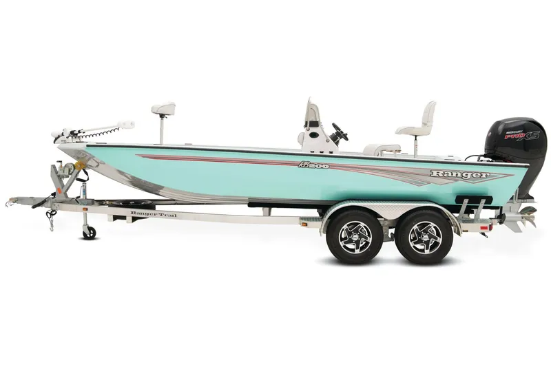 Slide: The Image of 2024 Ranger RB200 boat on trailer, parked on roadside with scenic background. - 6