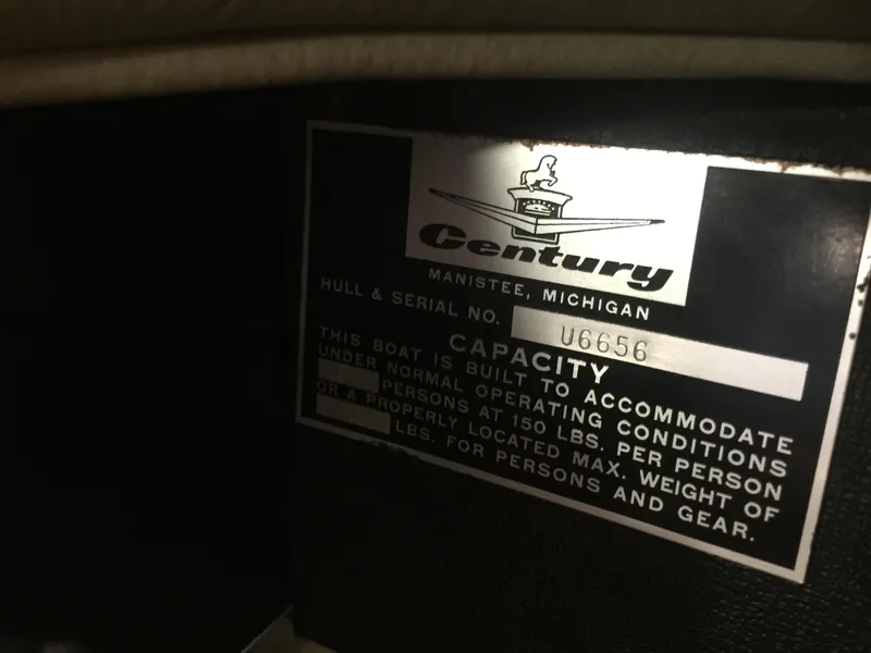 Slide: The Image of 1966 Century Resorter boat capacity label, serial number U6656, Manistee, Michigan. - 2