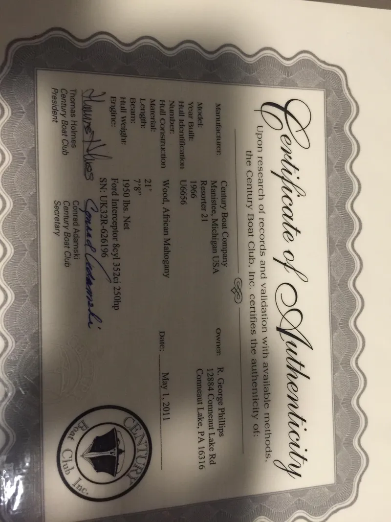 Slide: The Image of Certificate of Authenticity for 1966 Century Resorter, issued by Century Boat Club, signed and dated May 2011. - 3