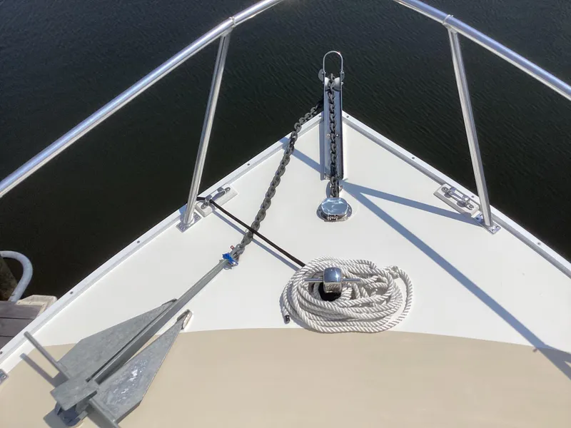 Slide: The Image of Bow of 2021 Willis Beal 35 Extended Pilothouse with anchor and rope. - 14