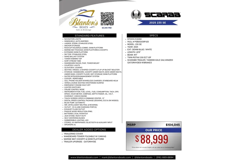 Slide: The Image of 2025 Scarab 235 SE boat features, specs, and pricing details from Blanton's Boats. - 26