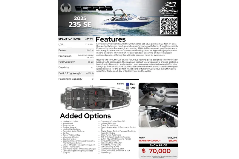 Slide: The Image of 2025 Scarab 235 SE jet boat brochure with specifications, features, and pricing details. - 26