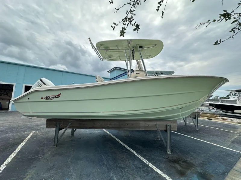 The Image of 2025 Bulls Bay 230 CC boat on display under cloudy sky. - 1