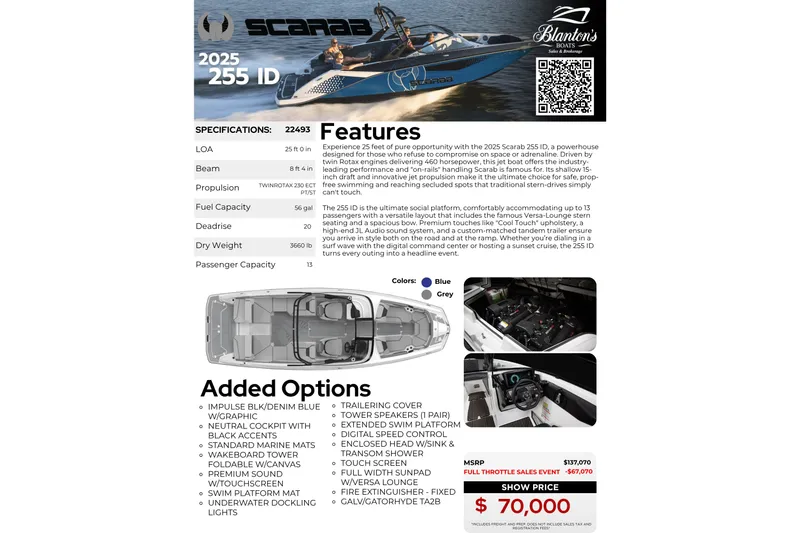Slide: The Image of ```json { "alt_text": "2025 Scarab 255 ID boat brochure with specifications and features." } ``` - 34