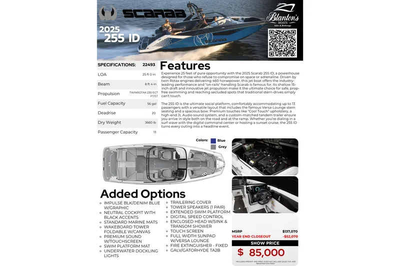 Slide: The Image of 2025 Scarab 255 ID boat brochure showcasing features, specifications, and added options. - 34