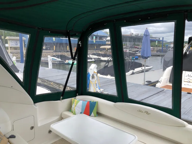 Slide: The Image of Interior view of 2001 Sea Ray 340 Sundancer at marina dock. - 10
