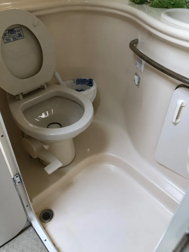 Slide: The Image of 2001 Sea Ray 340 Sundancer bathroom with toilet and shower area. - 29