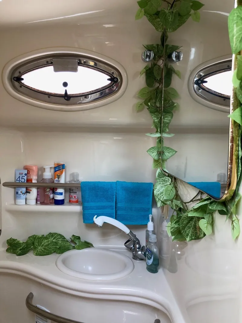 Slide: The Image of Bathroom interior of 2001 Sea Ray 340 Sundancer with porthole and decorative plants. - 30