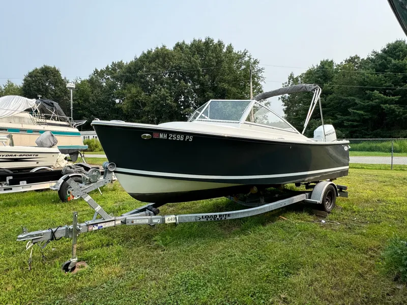 Slide: The Image of 2019 Eastern 21 Pilot boat on trailer, parked on grass with trees in background. - 7
