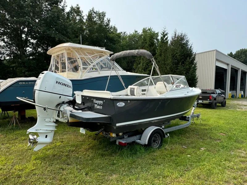 Slide: The Image of 2019 Eastern 21 Pilot boat with Honda outboard motor on trailer, parked on grass. - 9