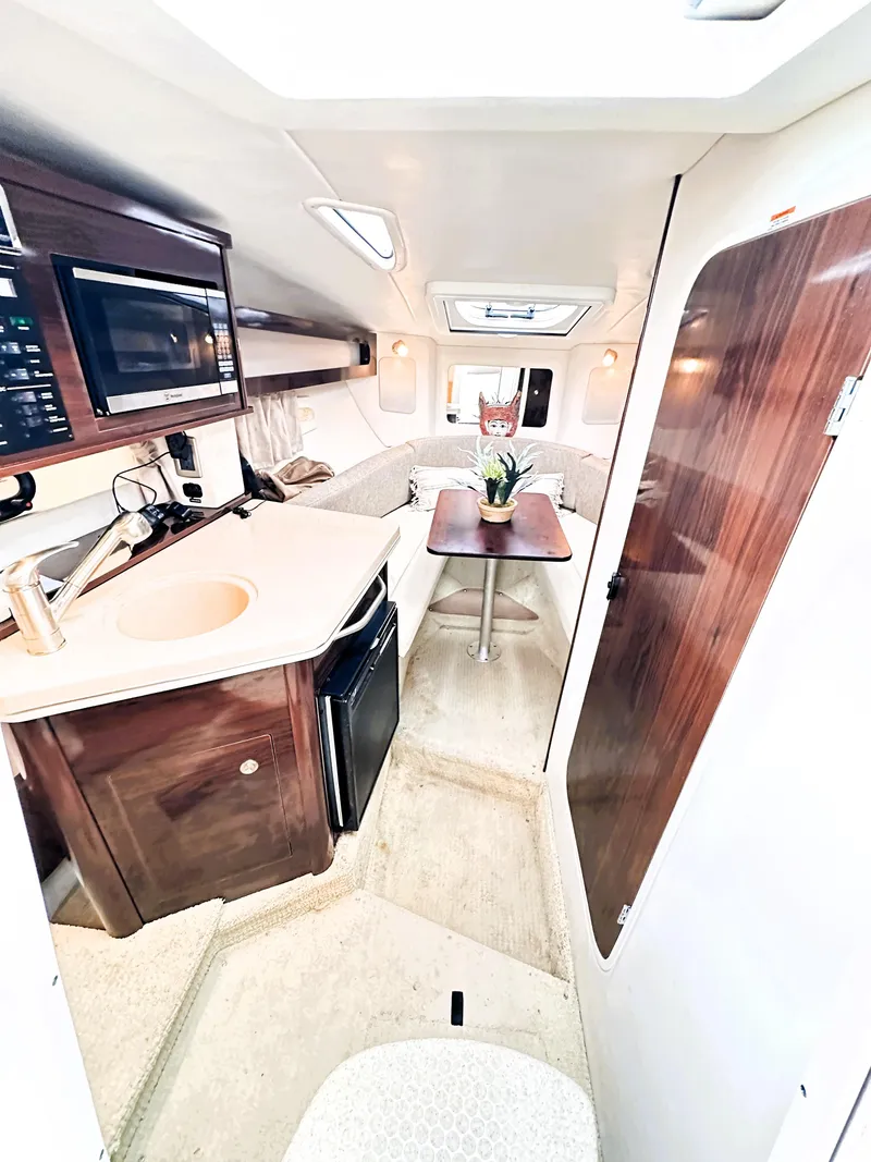 Slide: The Image of Interior of 2015 Sea Ray 260 Sundancer boat with kitchenette and seating area. - 10