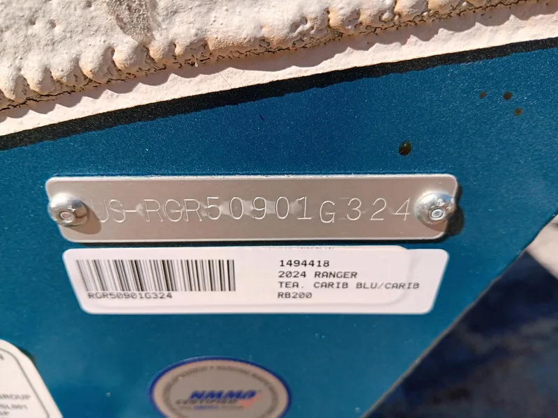 Slide: The Image of 2024 Ranger RB200 boat identification plate with serial number and barcode. - 6