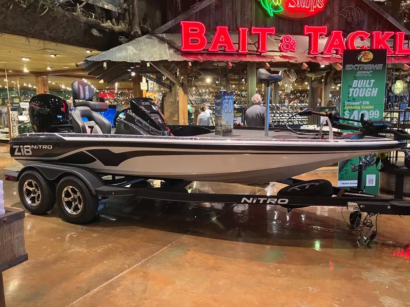 Slide: The Image of 2024 Nitro Z18 boat displayed at a bait and tackle shop. - 1