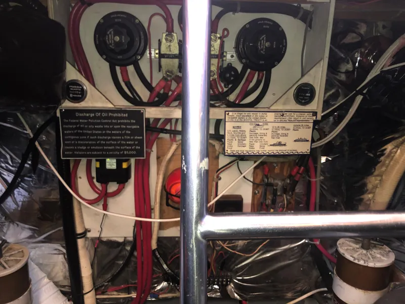 Slide: The Image of Electrical panel of 1987 Kadey-Krogen Silhouette boat with wiring and labels. - 30