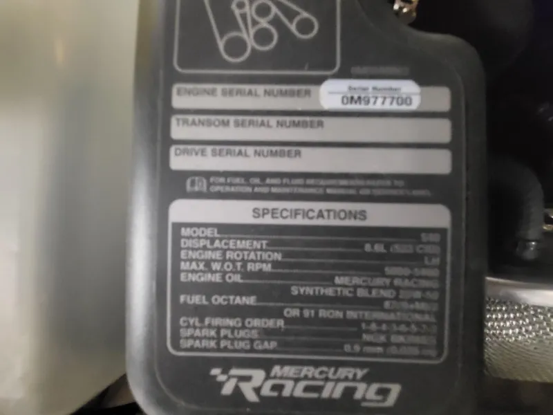 Slide: The Image of Mercury Racing engine specifications label on Cherubini Classic 24, 2018 model. - 57