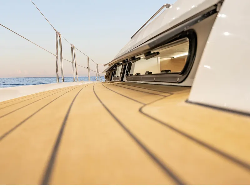 Slide: The Image of Hanse 510 yacht deck, 2025 model, with sleek design and ocean view. - 43