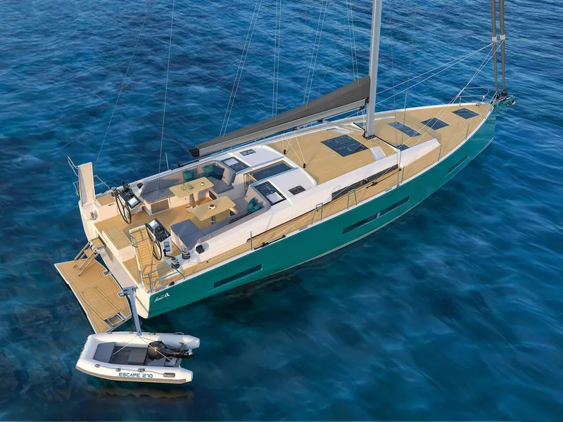 Slide: The Image of 2025 Hanse 510 yacht sailing on clear blue water, featuring sleek design and spacious deck. - 47