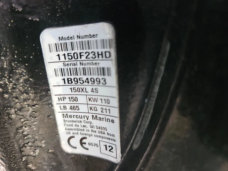 Slide: The Image of Mercury Marine engine label with model and serial numbers, 150 HP, for Tidewater 250 CC Adventure. - 22