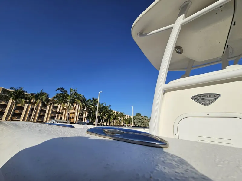 Slide: The Image of Tidewater 250 CC Adventure 2013 boat under clear blue sky, palm trees in background. - 47