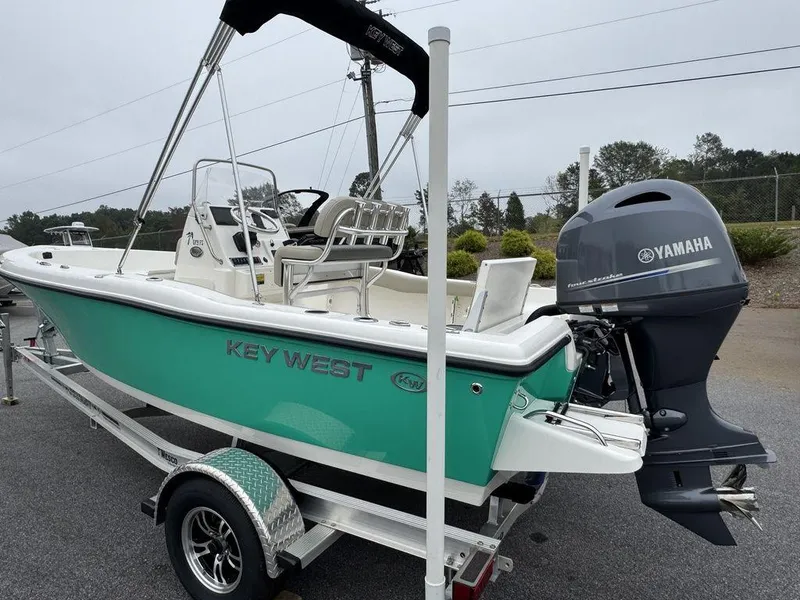 Slide: The Image of 2025 Key West 179 FS boat with Yamaha engine on trailer. - 25