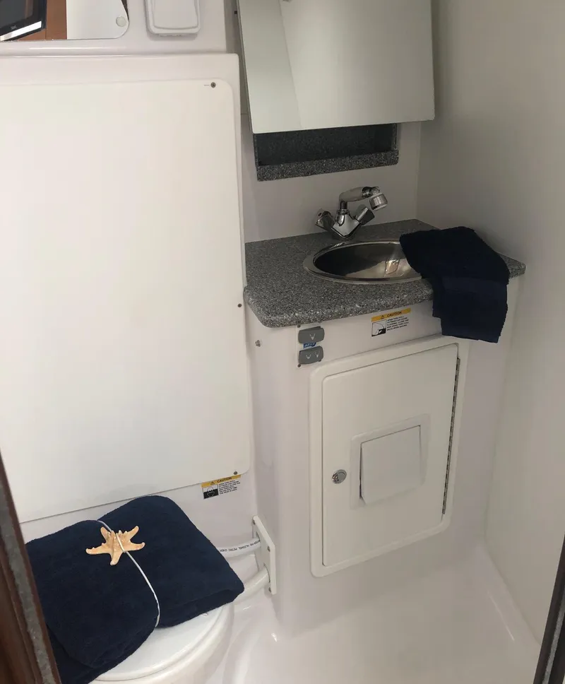 Slide: The Image of 2023 Catalina 425 yacht bathroom with sink, mirror, and starfish decor. - 22