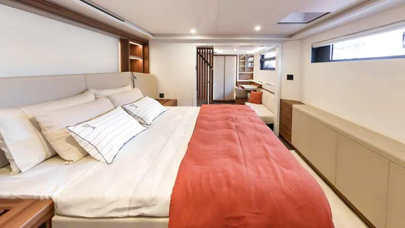 Slide: The Image of Luxurious bedroom interior of 2025 Fountaine Pajot Thira 80 yacht with modern design. - 23